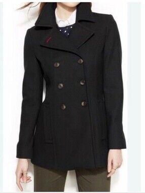 Tommy Hilfiger Women's Black Wool Blend Double Breasted Pea Coat Jacket Small S